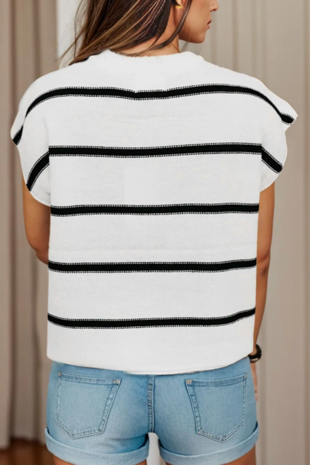 Striped Round Neck Cap Sleeve Sweater, image 2