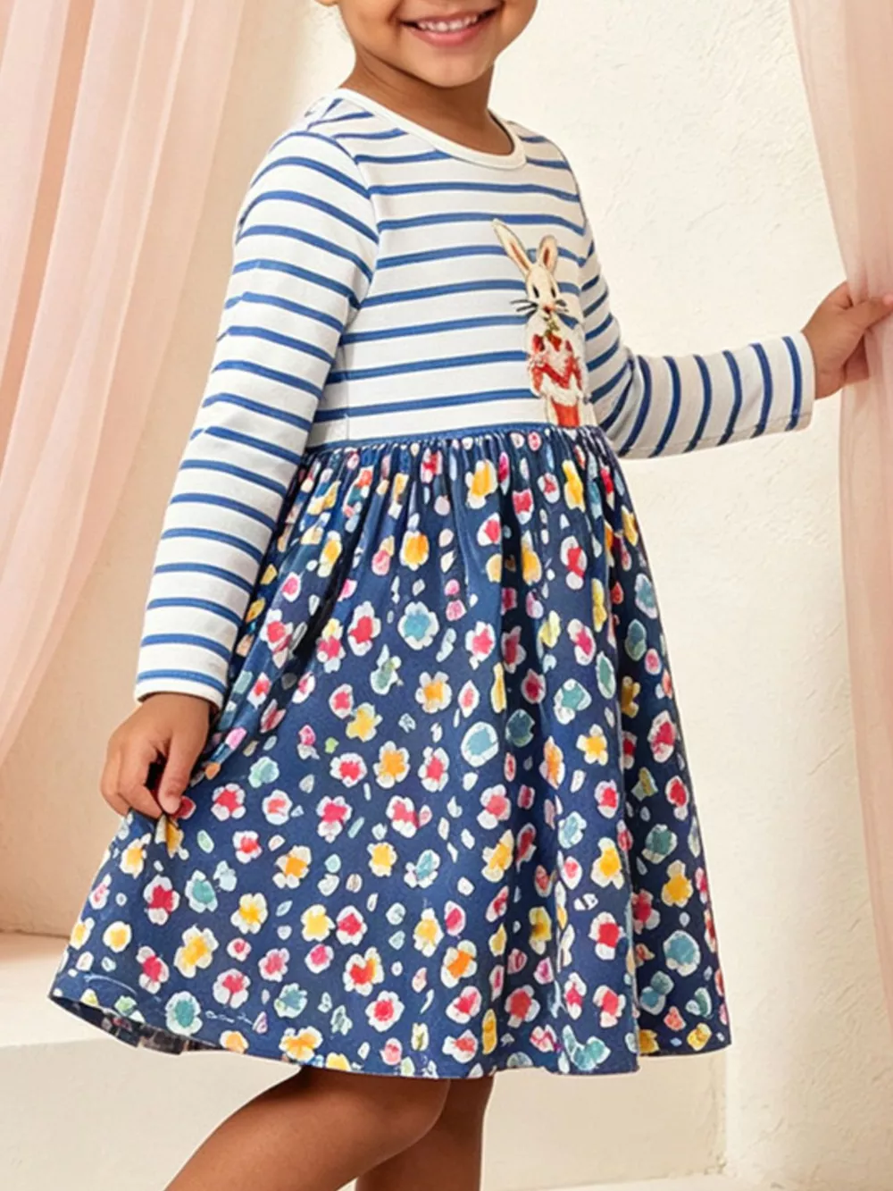 Children's Bunny Graphic Striped Floral Print Dress, image 3