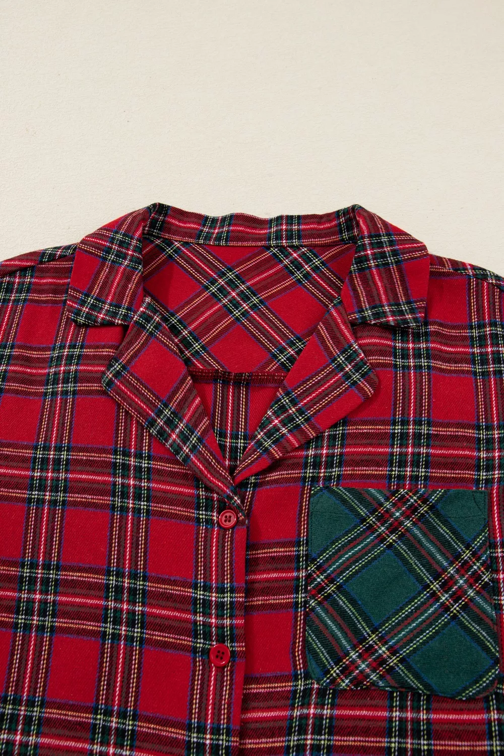Plaid Contrast Patched Christmas Holiday Long Sleeve Shirt and Short 2pcs Pajama Set, image 6