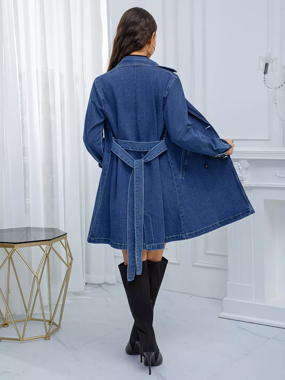 Belted Double-Breasted Denim Jacket, image 5