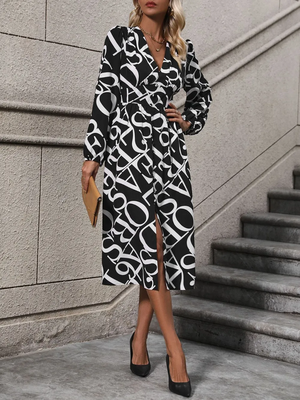 Printed V-Neck Long Sleeve Midi Dress, image 5