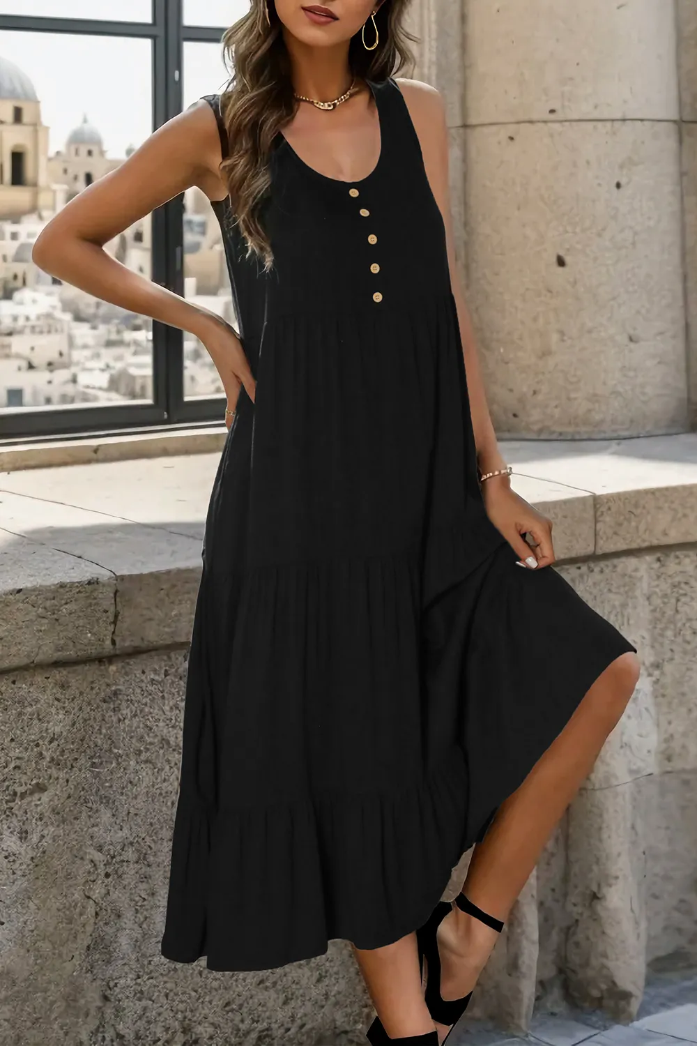Decorative Button Tiered Tank Dress, image 6