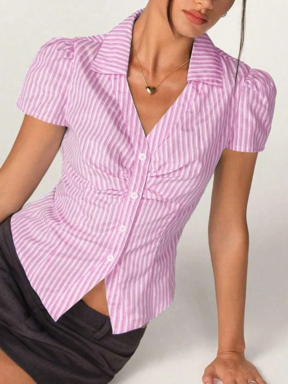 Striped Collared Neck Short Sleeve Shirt, image 4