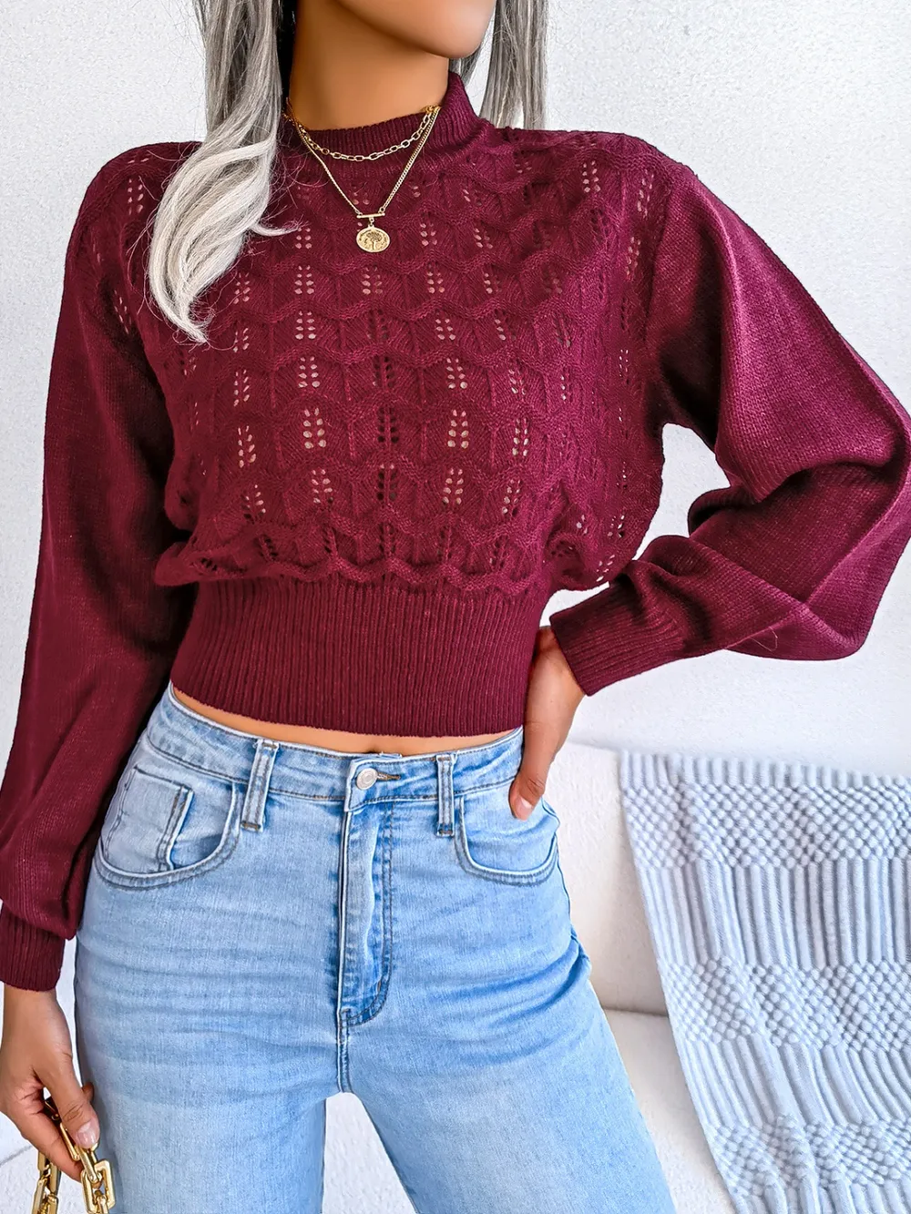 Openwork Mock Neck Long Sleeve Cropped Sweater, image 2