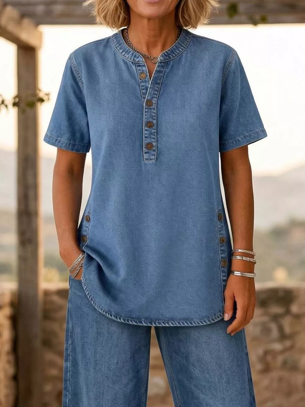 Full Size Casual Half-Button Top and Cropped Pants Denim Set Plus Size, image 8