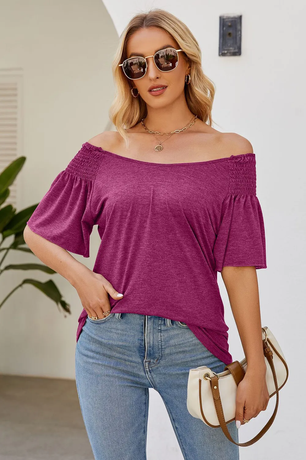 Smocked Round Neck Flutter Sleeve T-Shirt, image 13