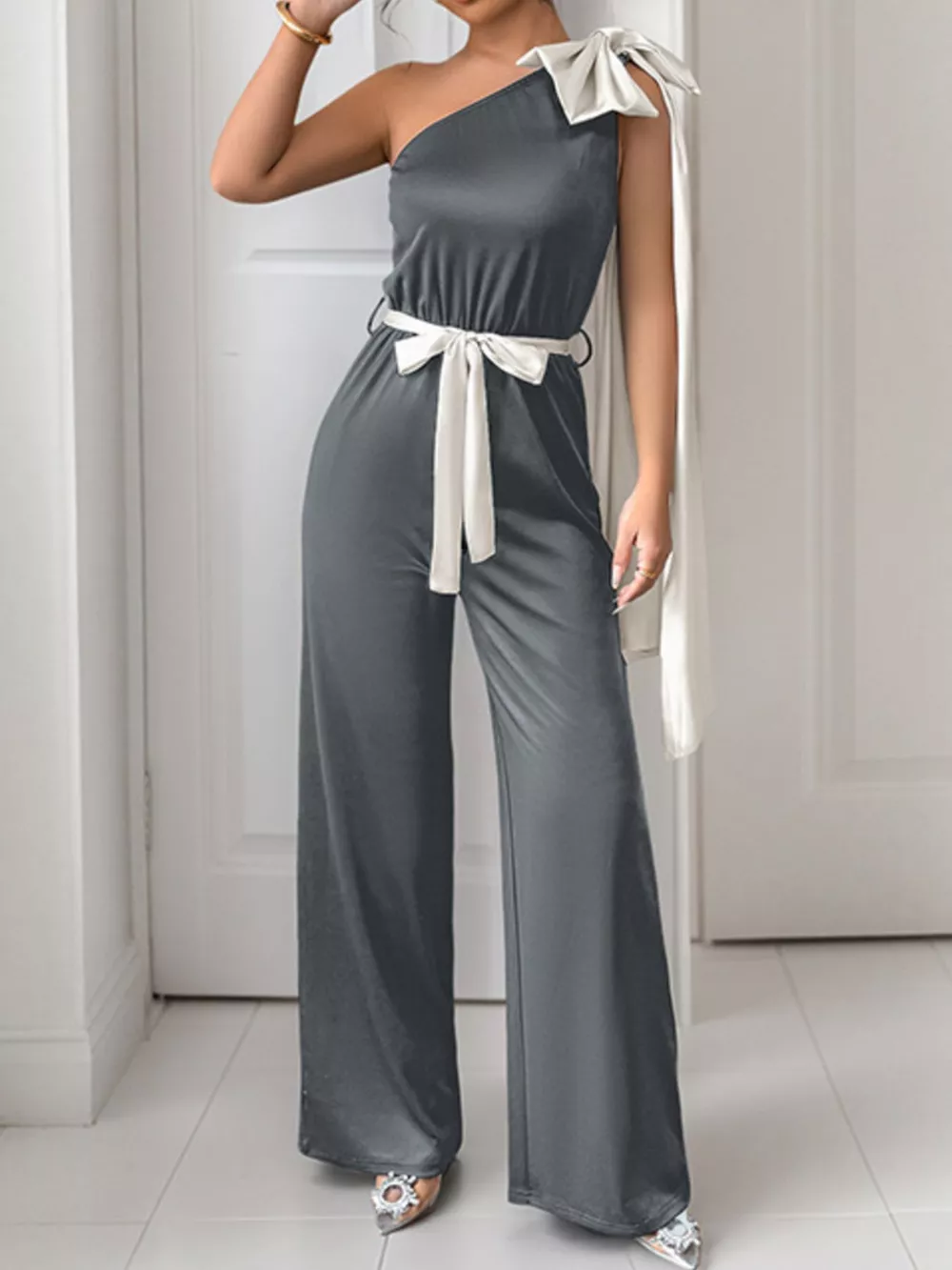 One-Shoulder Bowknot Wide Leg Jumpsuit, image 7