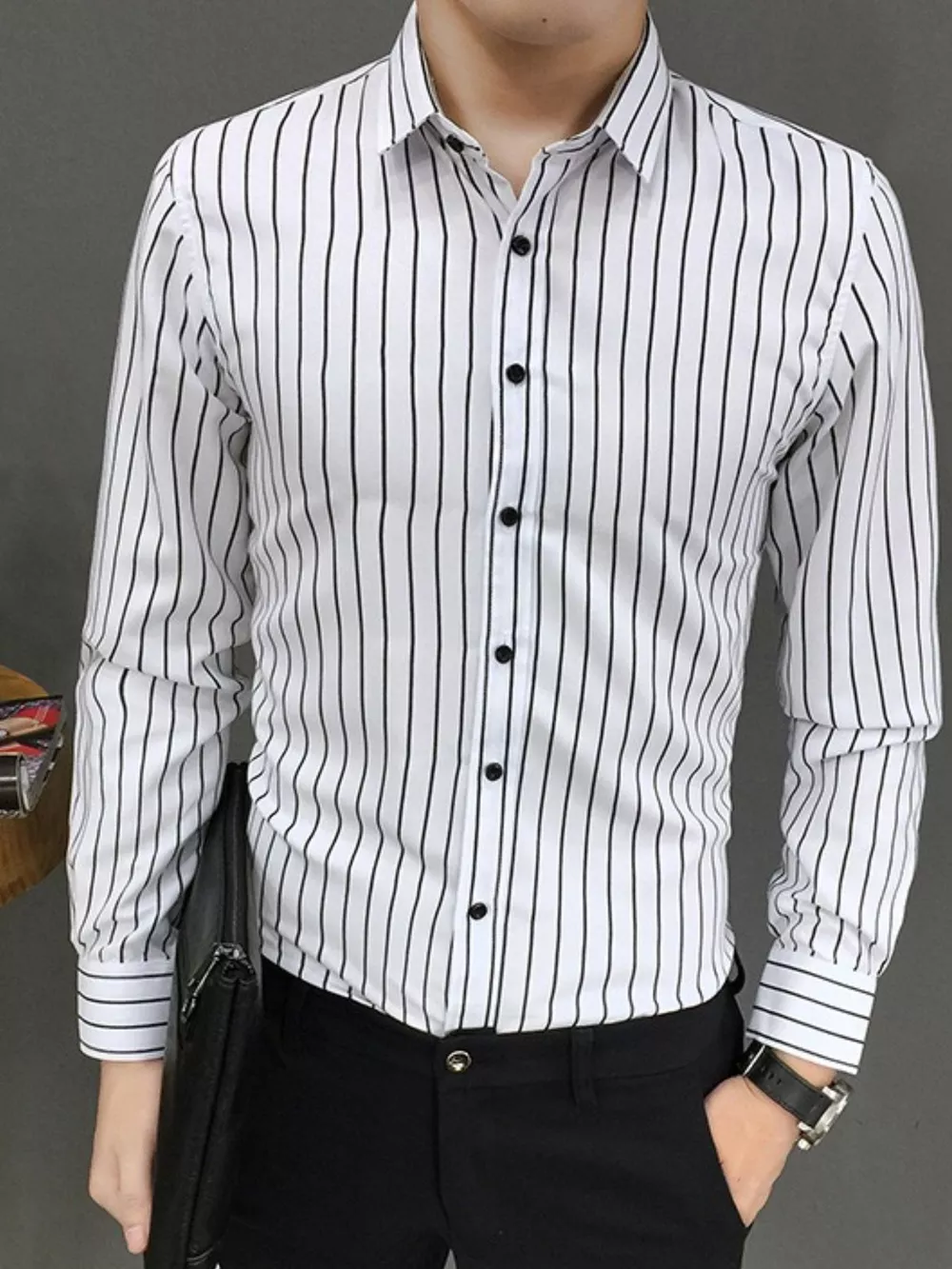 Men's Plus Size Striped Button Up Long Sleeve Shirt, image 7