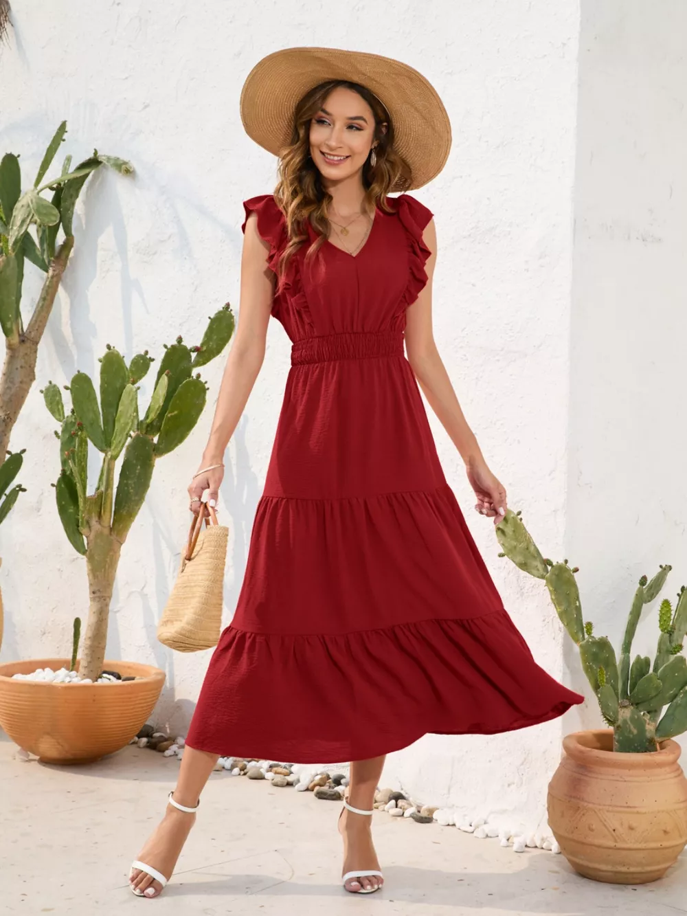 Tiered Ruffled V-Neck Cap Sleeve Dress, image 2