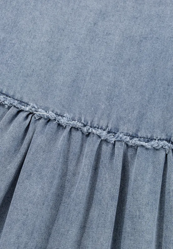 Cutout Round Neck Balloon Sleeve Denim Dress, image 4