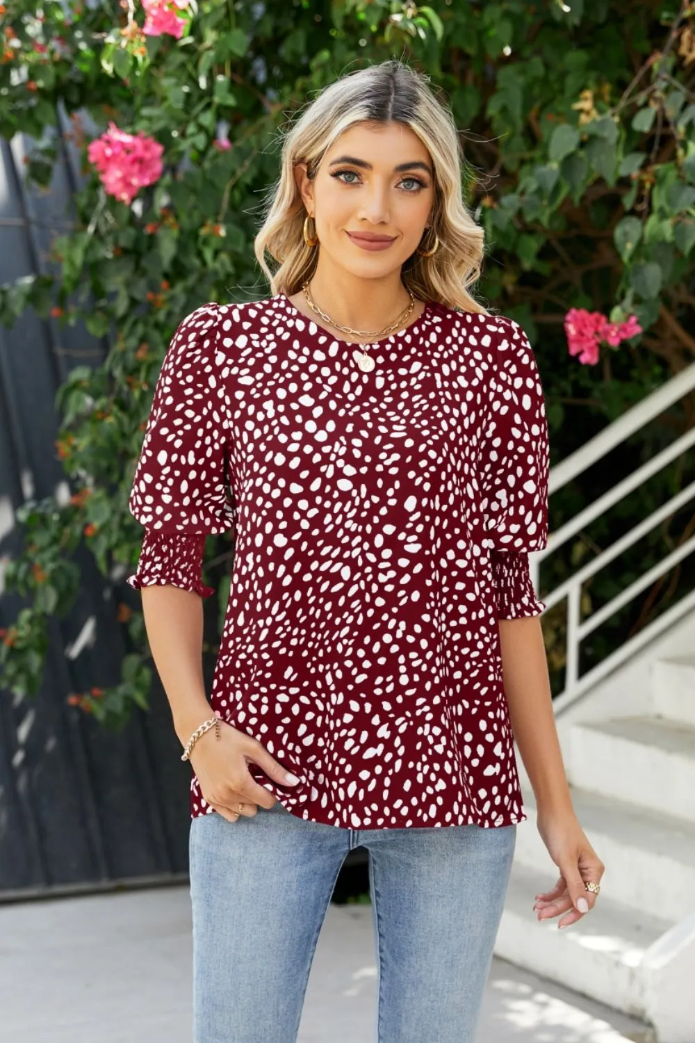 Polka Dot Round Neck Lantern Sleeve Blouse, image 9