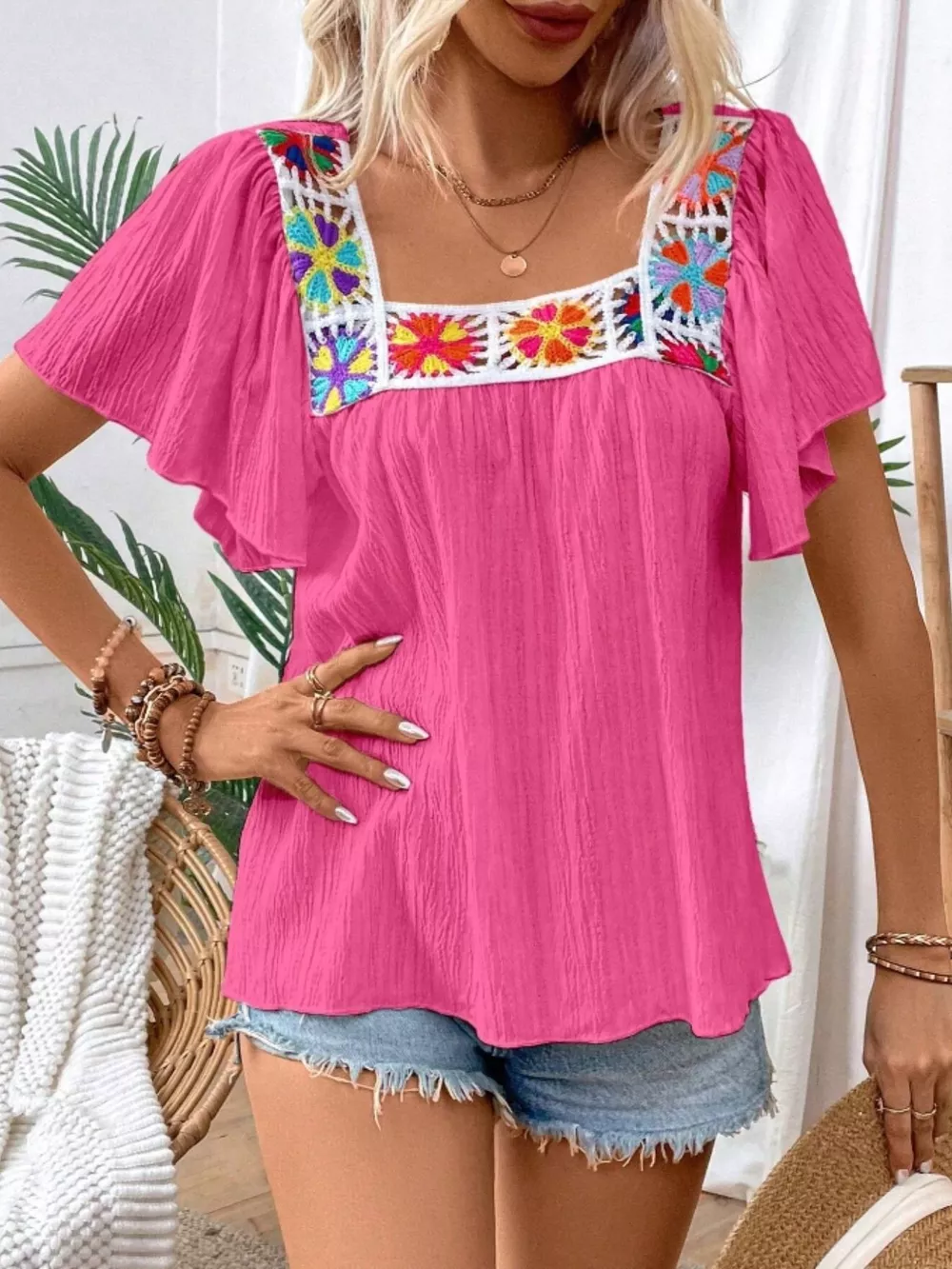 Embroidered Square Neck Flutter Sleeve Blouse, image 22