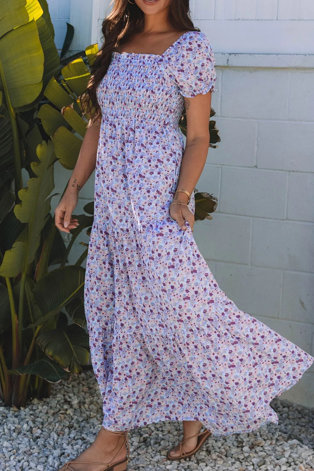 Tiered Floral Shirred High Waist Maxi Dress, image 10