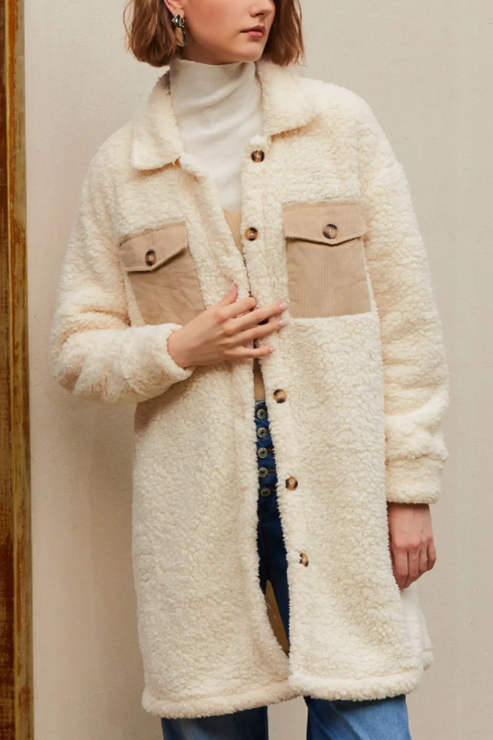 Collared Neck Long Sleeve Longline Teddy Jacket, image 14