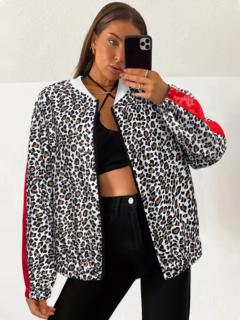 Leopard Zip Up Bomber Jacket with Contrast Side Stripes