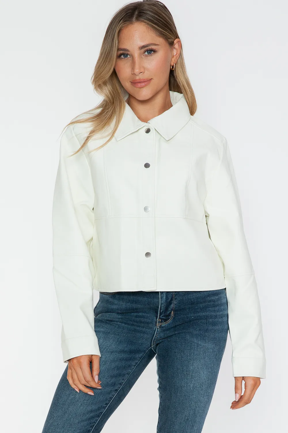 Snap Down Long Sleeve PU Leather Jacket, image 5