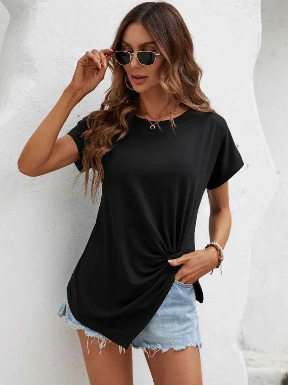 Asymmetric Hem Round Neck T-Shirt, image 8