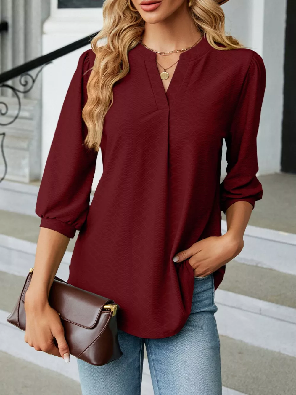 Notched 3/4 Sleeve Casual Top, image 23