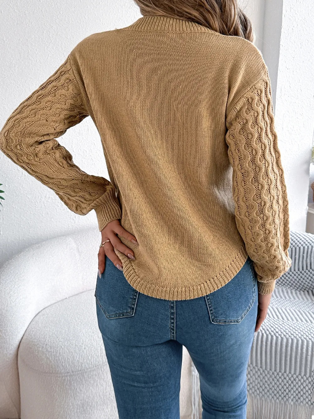 Asymmetric Hem Round Neck Long Sleeve Sweater, image 6