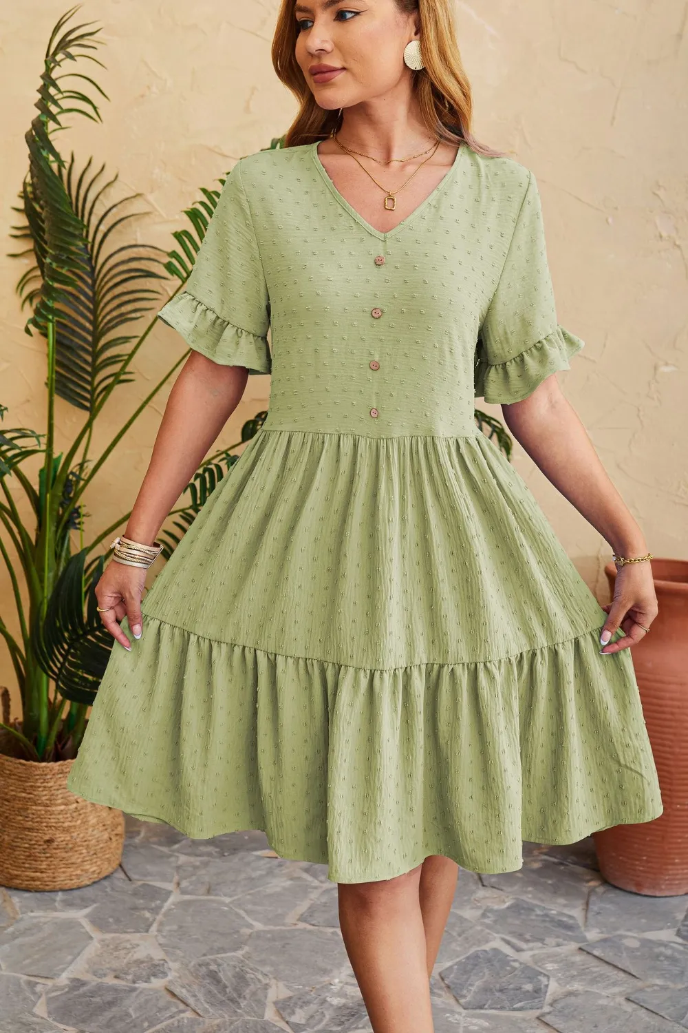 Swiss Dot Ruffled V-Neck Tiered Dress, image 8