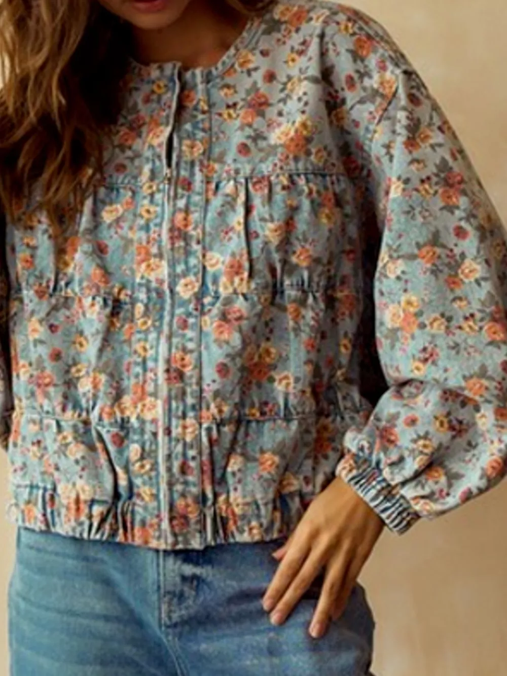 Floral Print Zip Up Cropped Denim Jacket, image 6