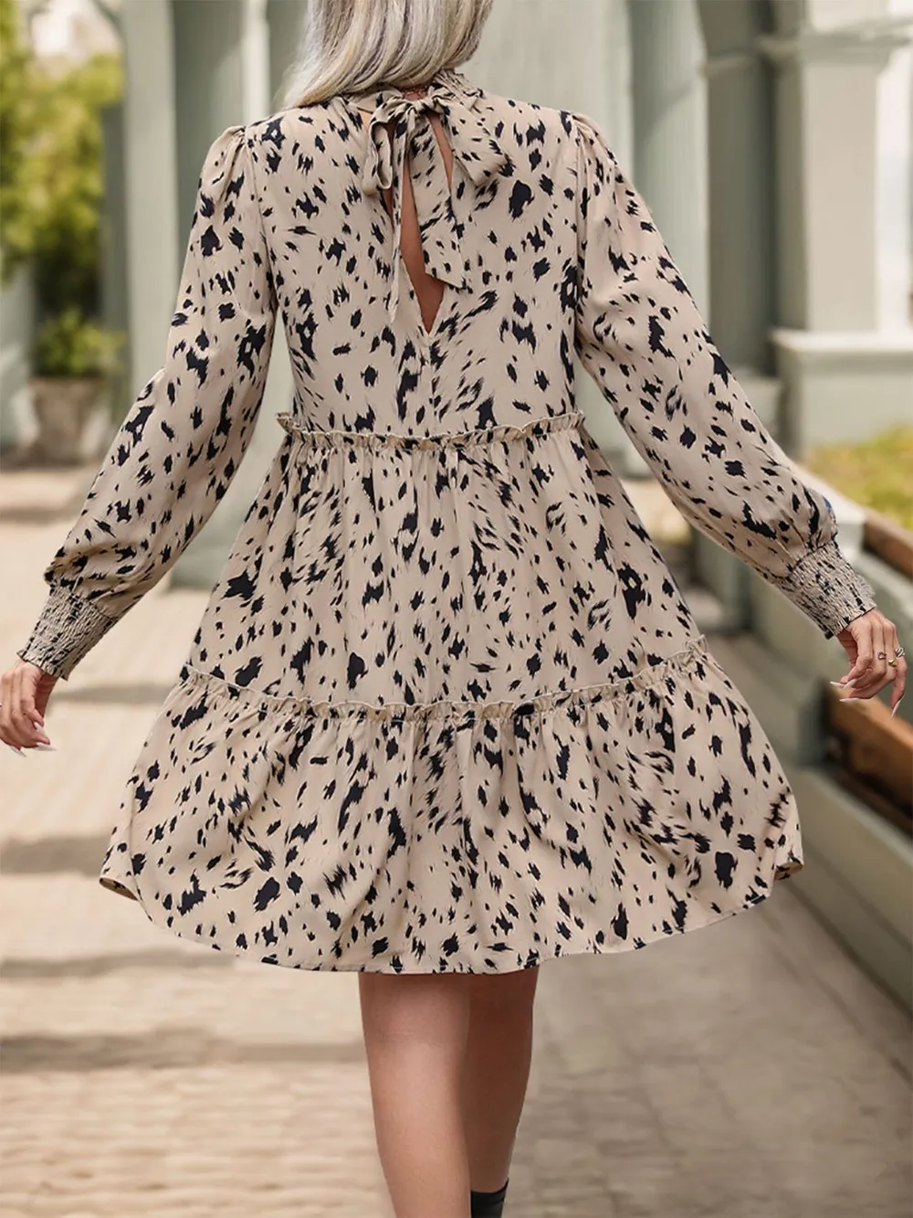 Frill Printed Mock Neck Long Sleeve Mini Dress, image 2