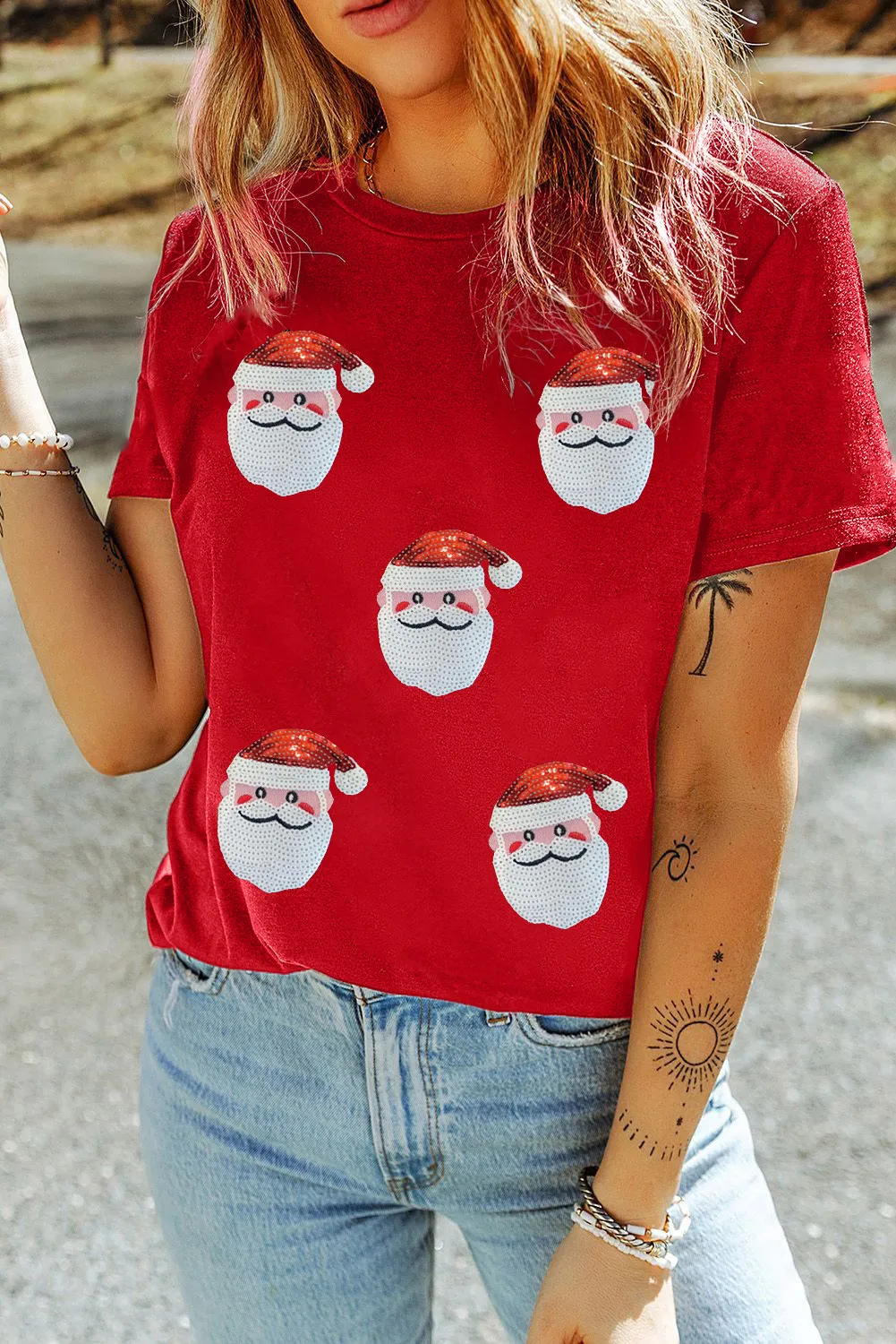Sequin Santa Round Neck Short Sleeve T-Shirt, image 4