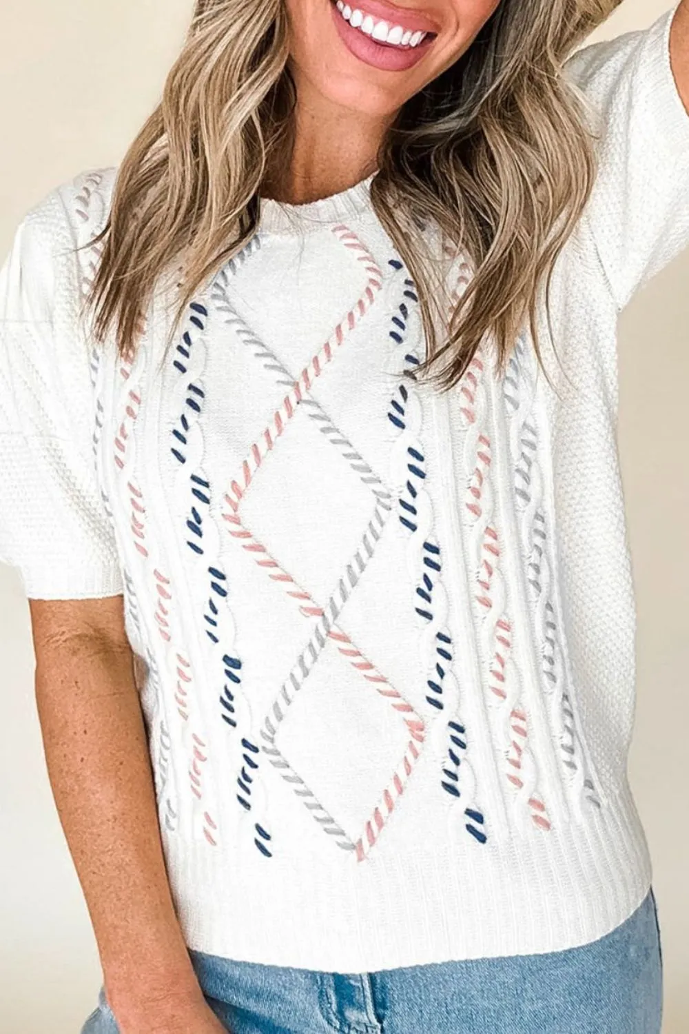 Cable Knit Round Neck Half Sleeve Sweater, image 3
