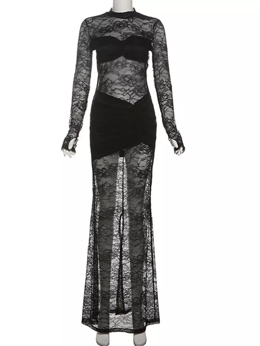 Lace Sheer Mock Neck Long Sleeve Maxi Dress, image 12