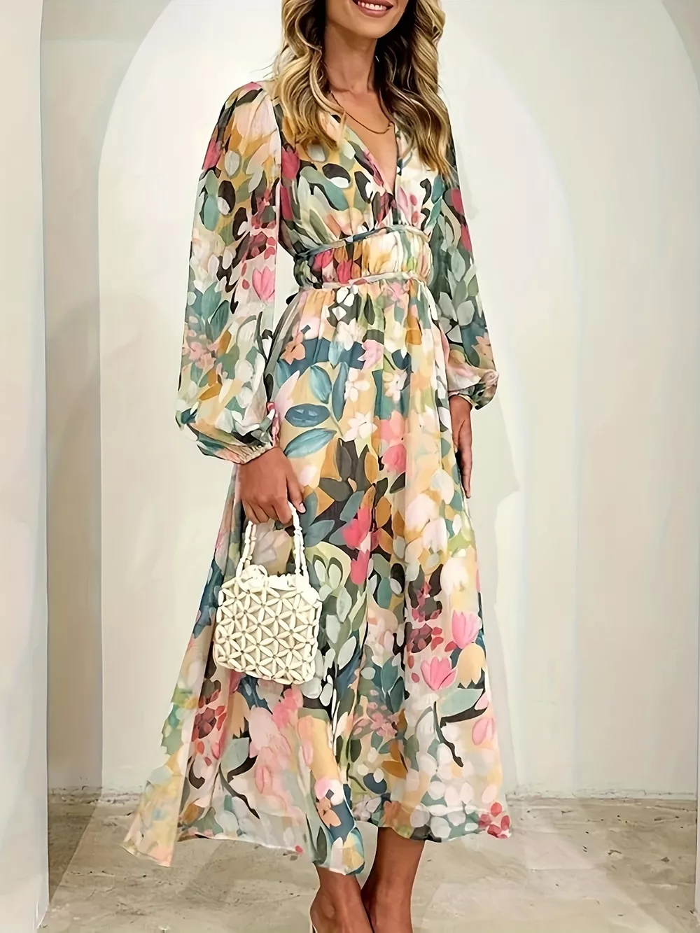 Floral Print Long Sleeve Midi Dress, image 7