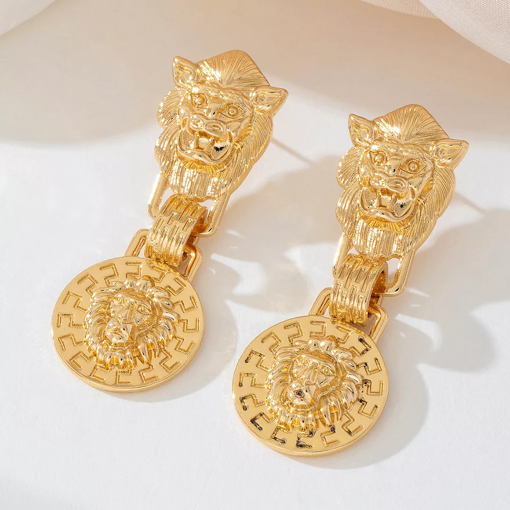 18K Gold-Plated Lion Head Medallion Drop Earrings, image 2