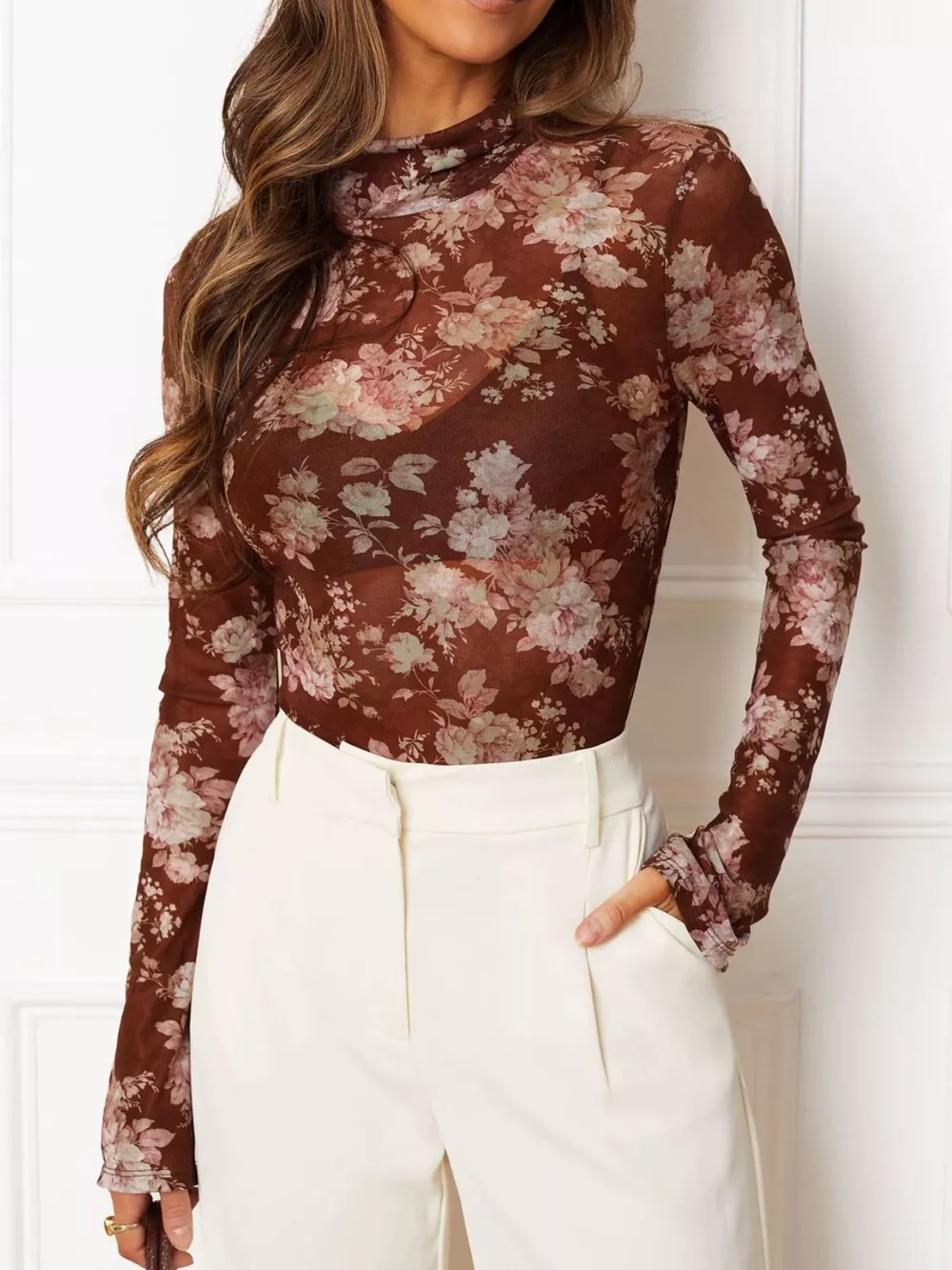 Floral Print Sheer Mesh Long Sleeve Mock Neck Top, image 12