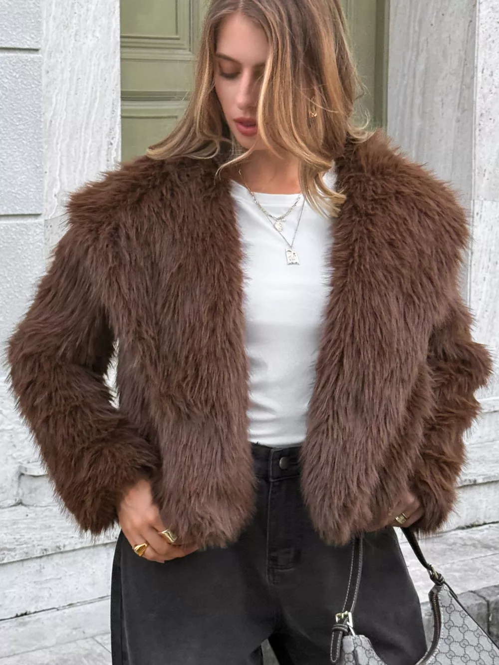 Open Front Faux Fur Cropped Jacket, image 2