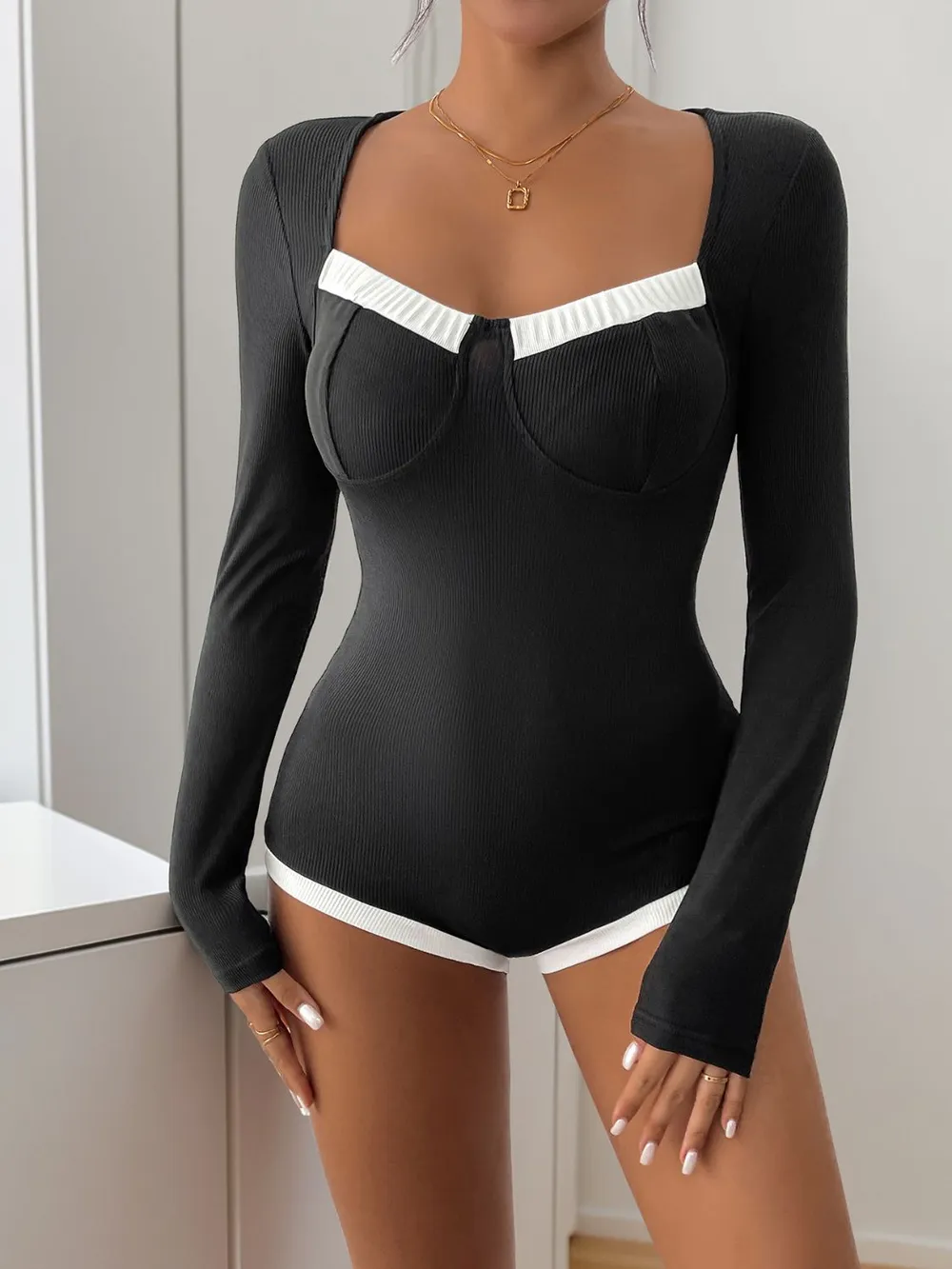 Ribbed Contrast Long Sleeve Bodysuit, image 3