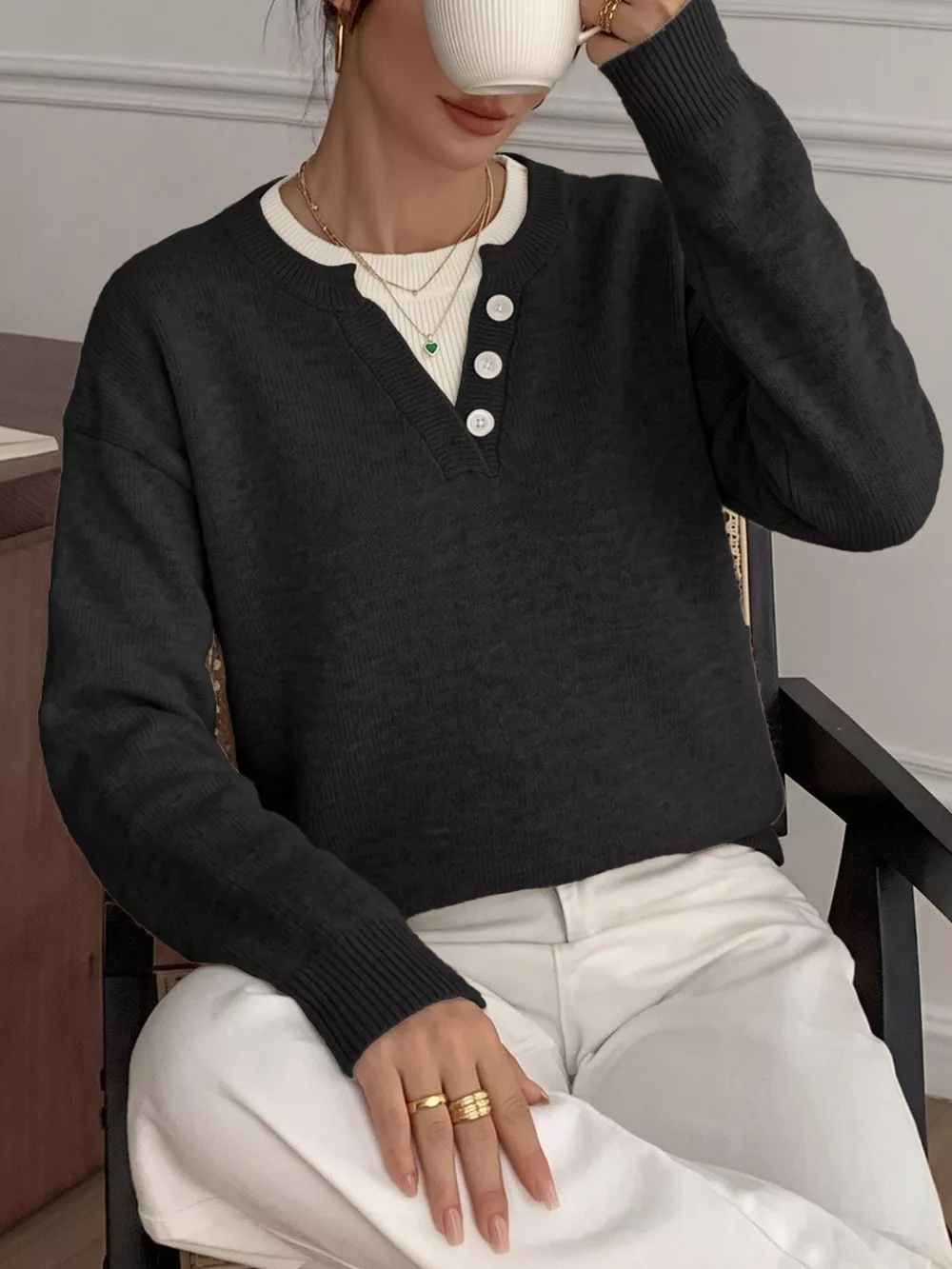 Decor Button-Placket Ribbed Knit Sweater, image 11