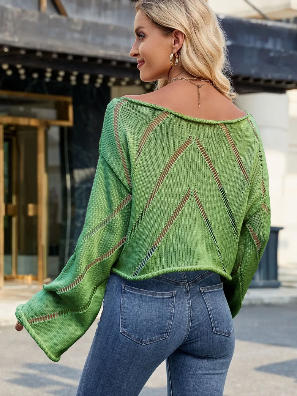 Openwork Boat Neck Long Sleeve Sweater, image 10