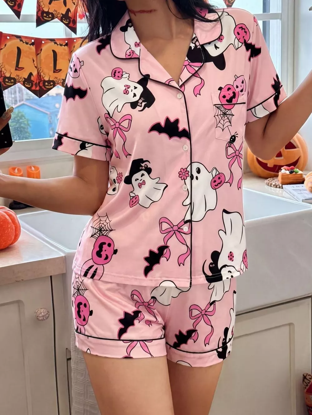Halloween Ghost Print Button-Down Top and Shorts Lounge Set, image 5