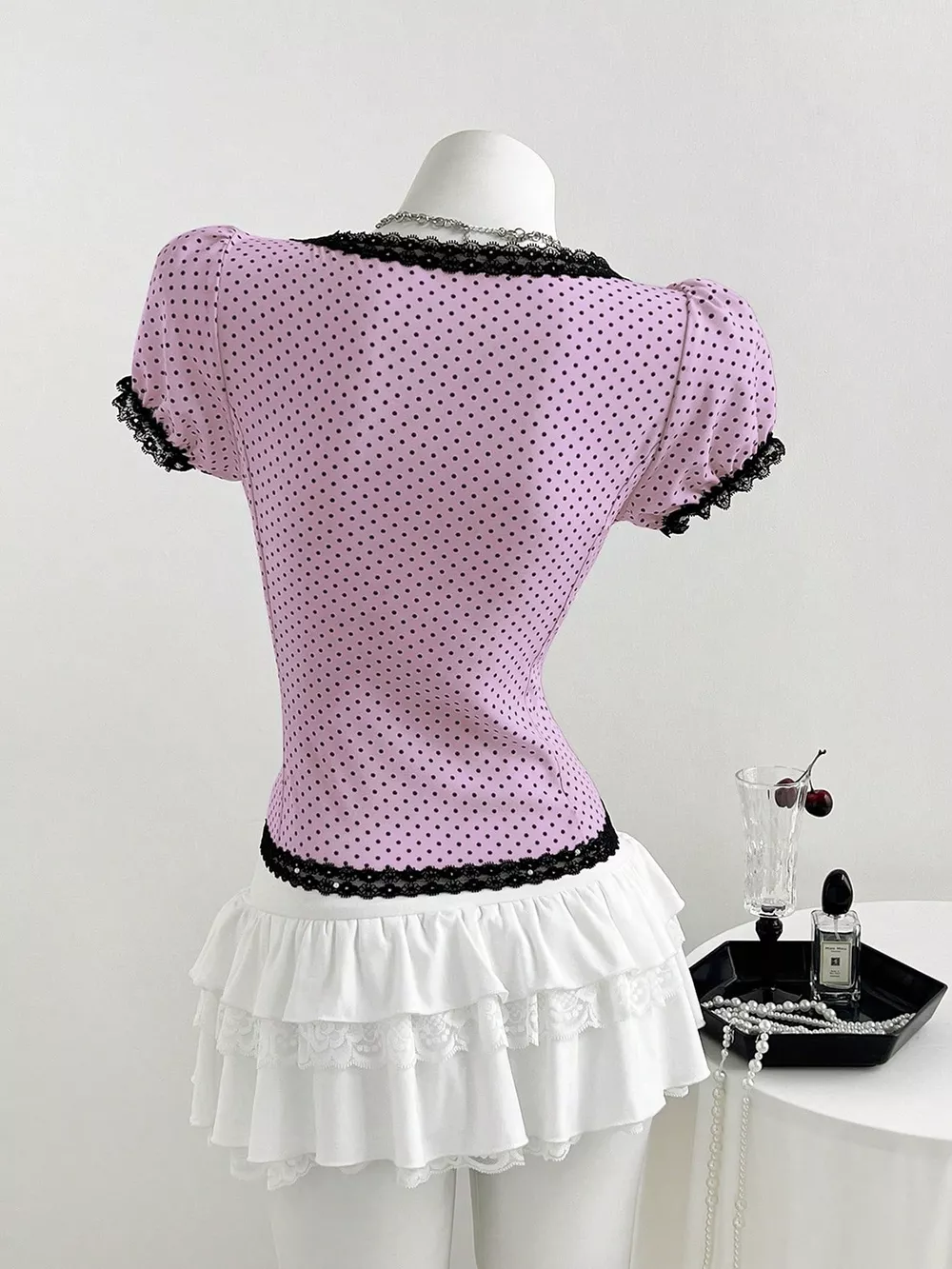Polka Dot Lace Trim Puff Sleeve Top, image 18