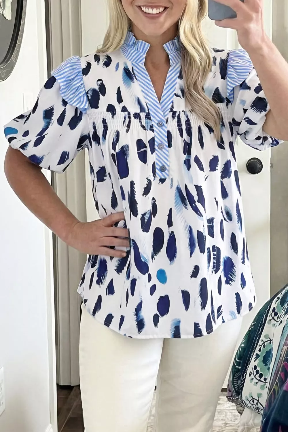 Abstract Animal Print Striped Ruffle Trim V Neck Blouse, image 5