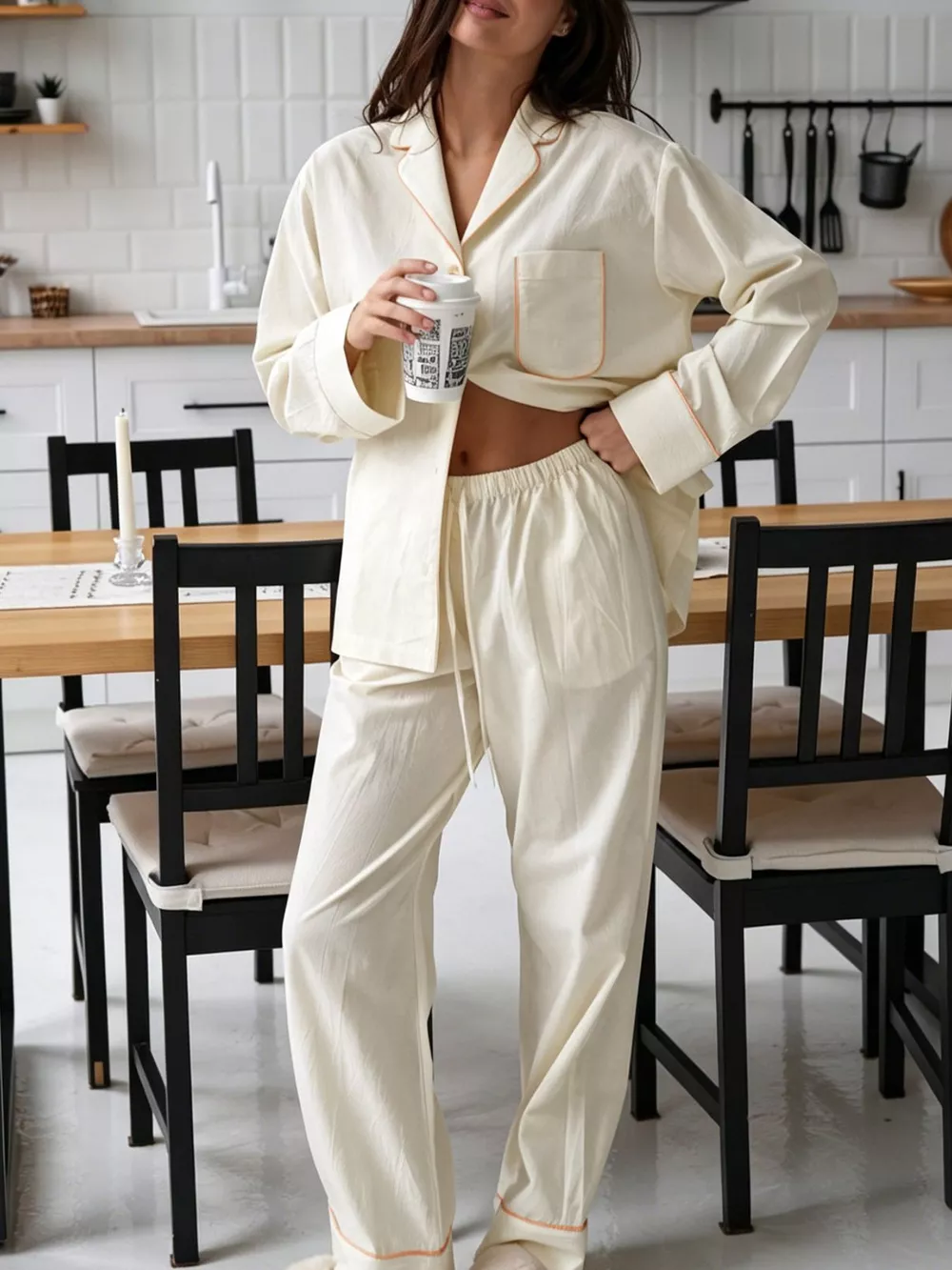 Contrast Trim Button-Down Top and Pants Lounge Set, image 3