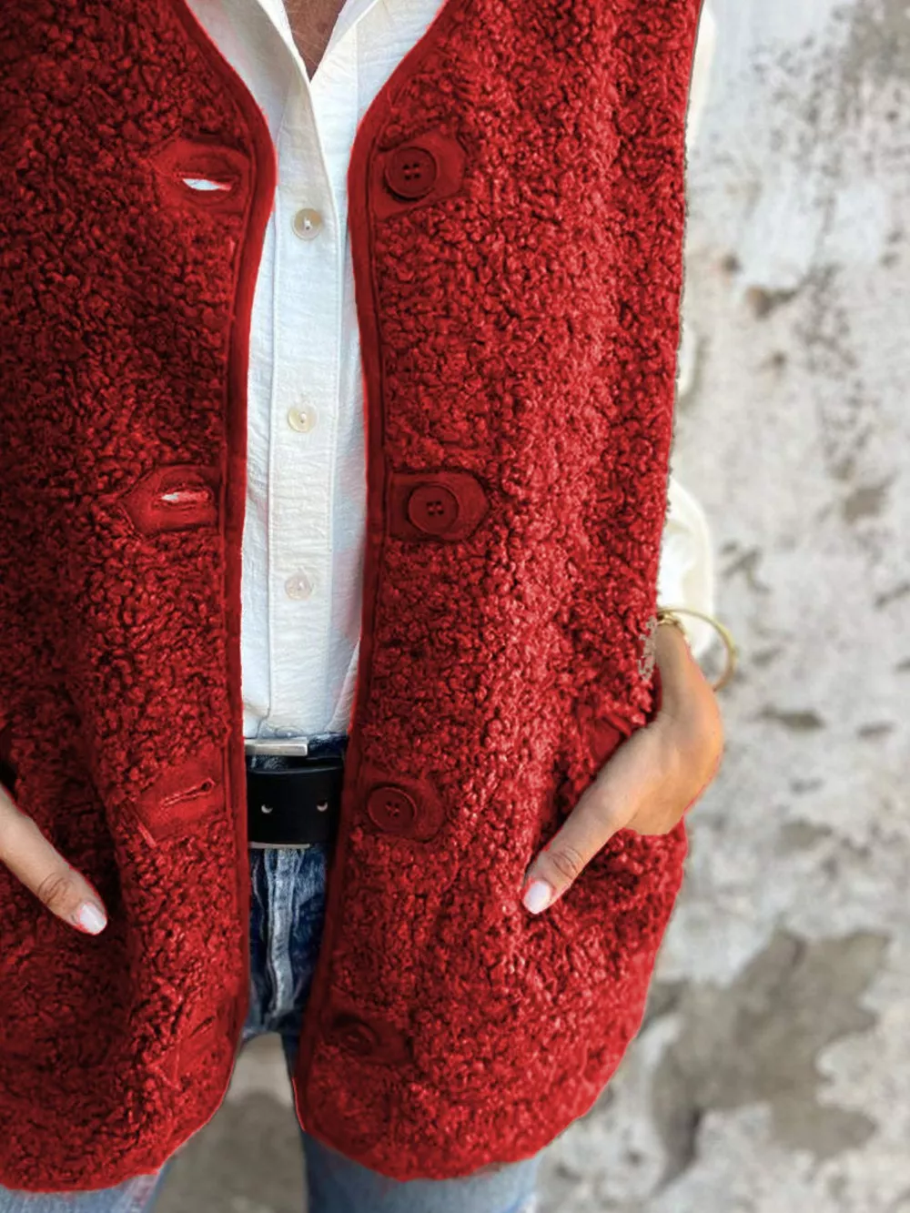Full Size Cozy Sherpa Fleece Button-Up Vest Coat with Pockets Plus Size, image 8