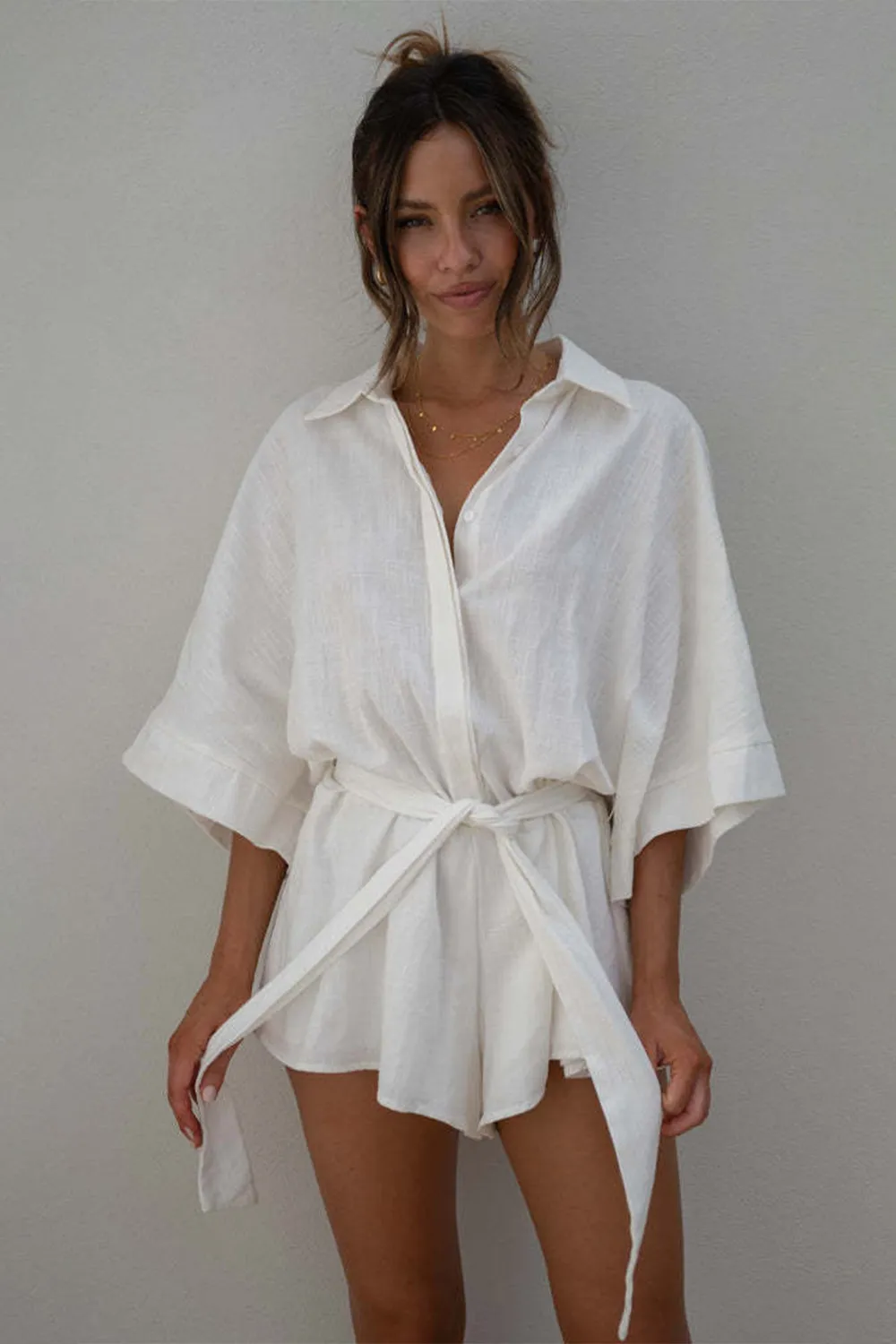 Tied Button Up Collared Neck Romper, image 8