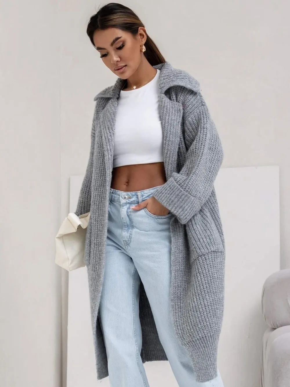 Pocketed Collared Neck Dropped Shoulder Cardigan, image 4