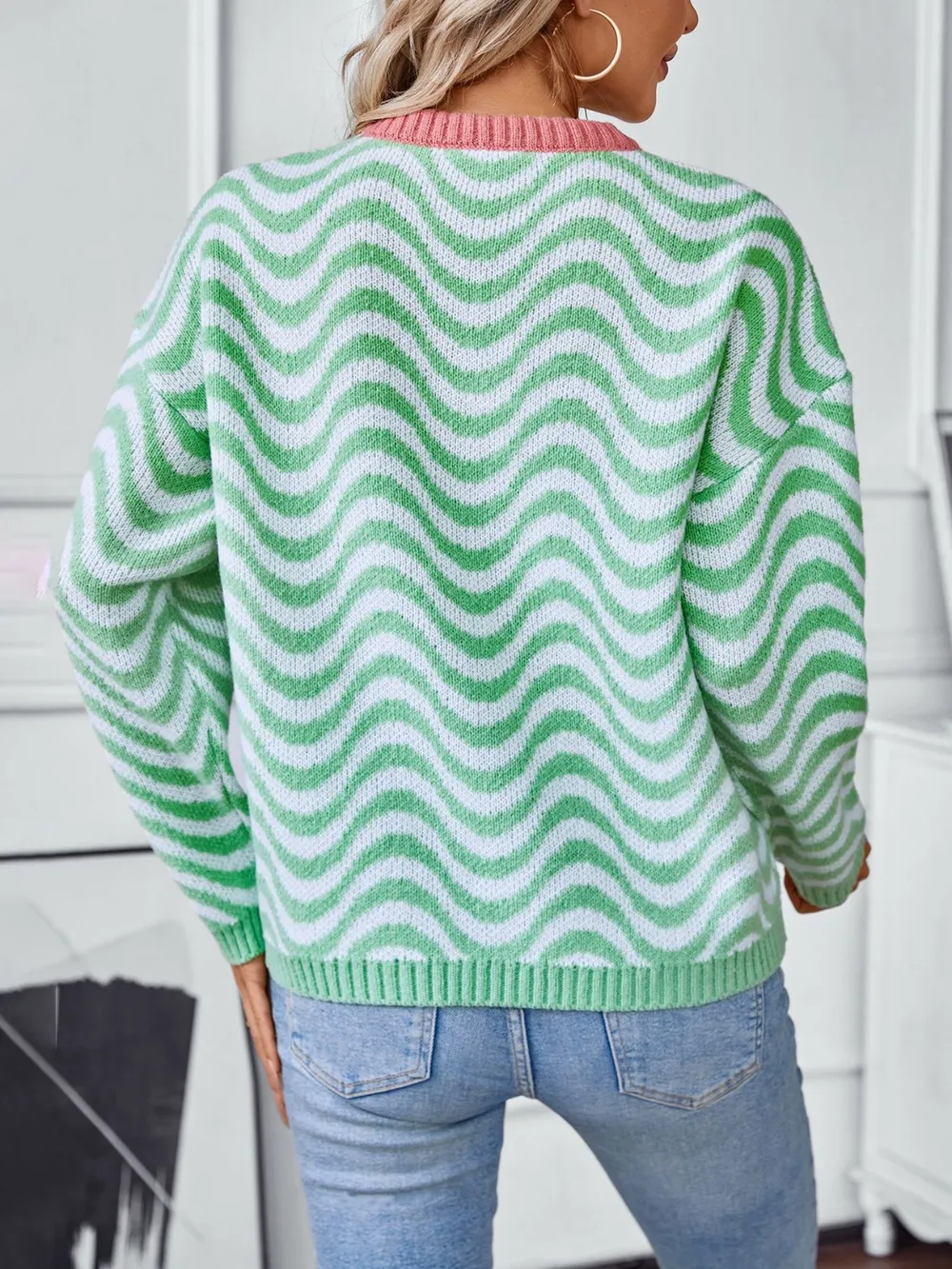 Wavy Stripes Round Neck Long Sleeve Sweater, image 3