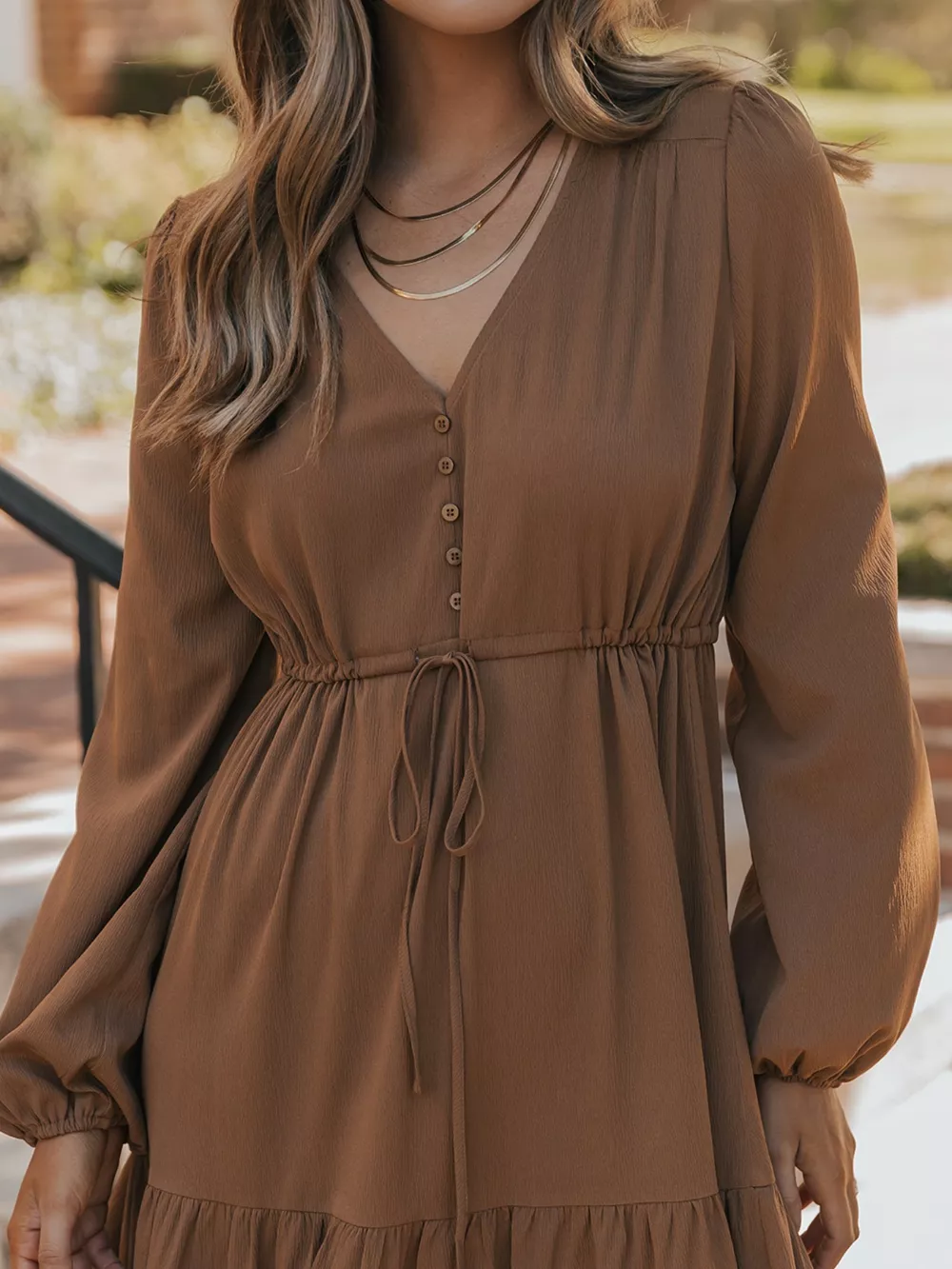 V-Neck Balloon Sleeve Tiered Dress, image 5