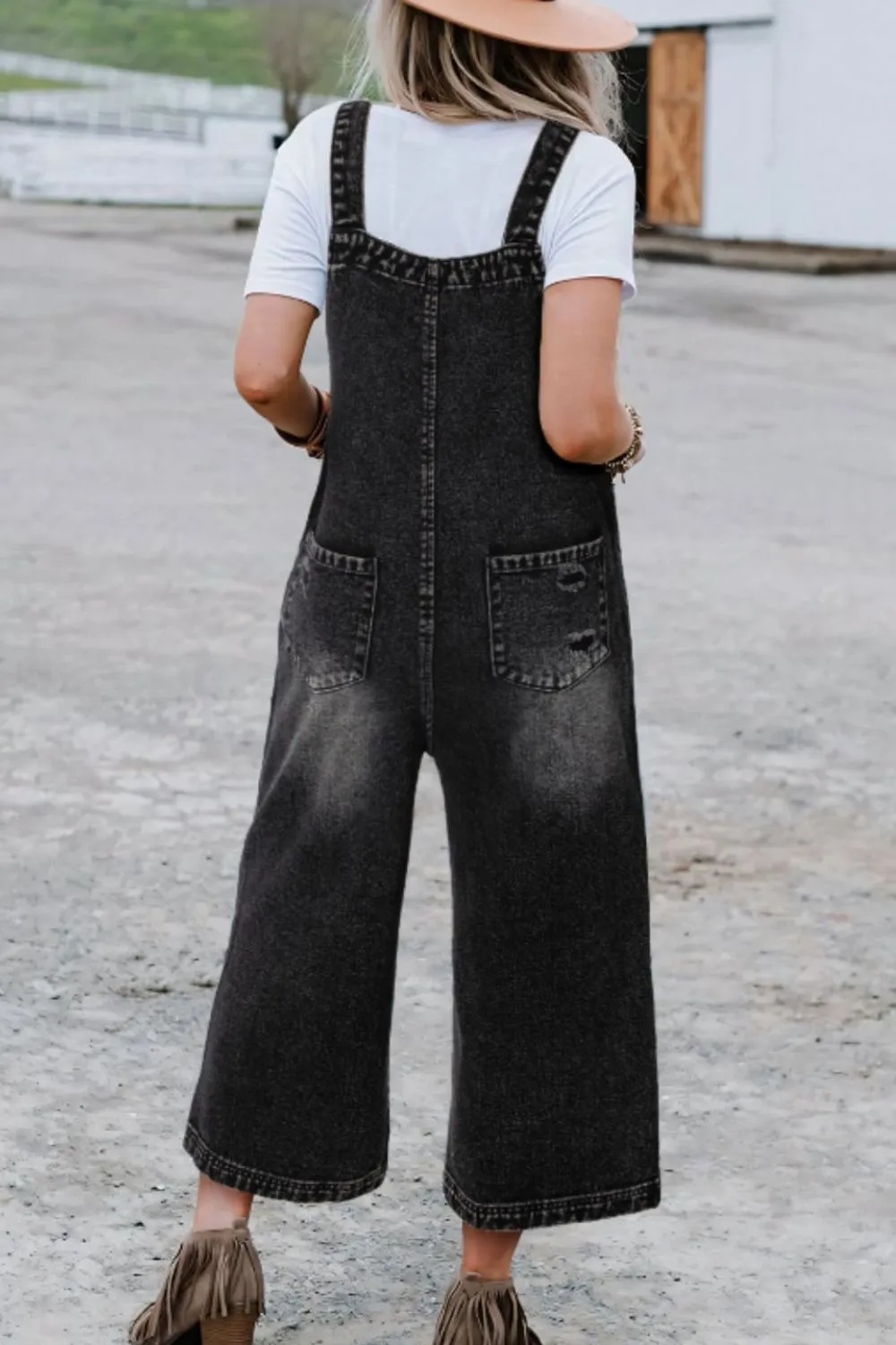 Distressed Wide Strap Denim Overalls, image 4