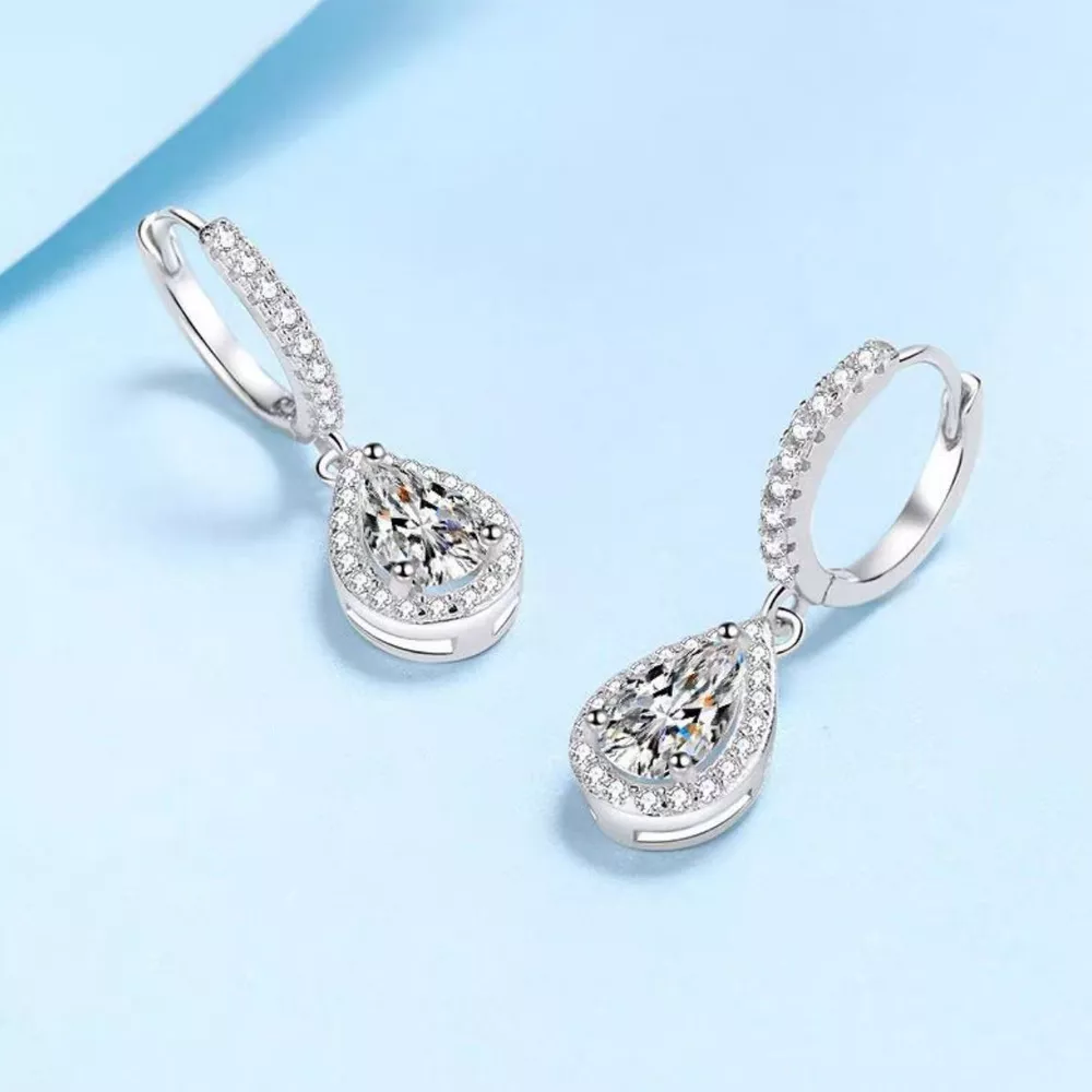 1 Carat 925 Sterling Silver Moissanite Hoop Teardrop Earrings