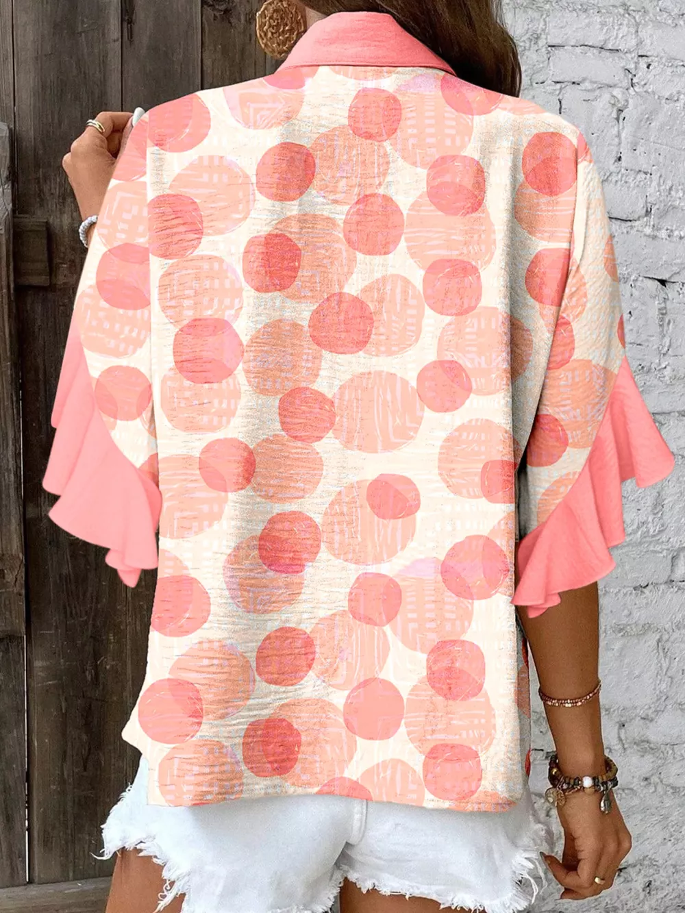 Double Polka Dot Printed Ruffle Trim Short Sleeve Babydoll Shirt, image 2