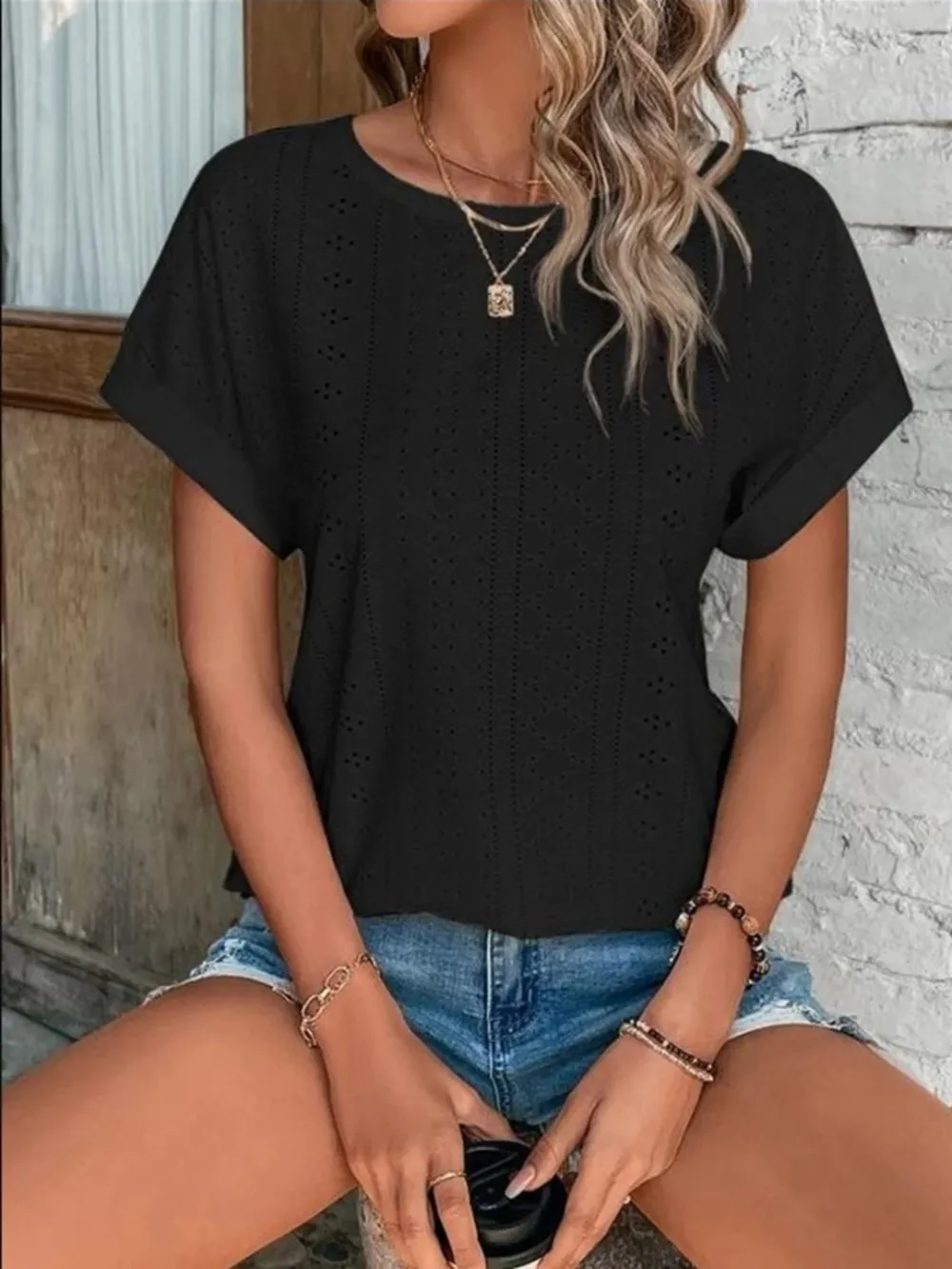 Eyelet Round Neck Short Sleeve T-Shirt, image 13