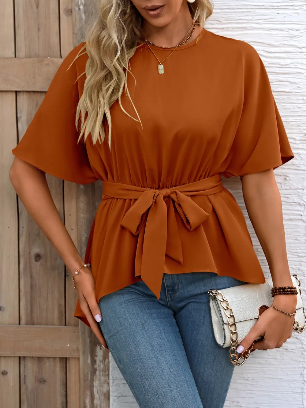 Tied Round Neck Half Sleeve Blouse, image 3